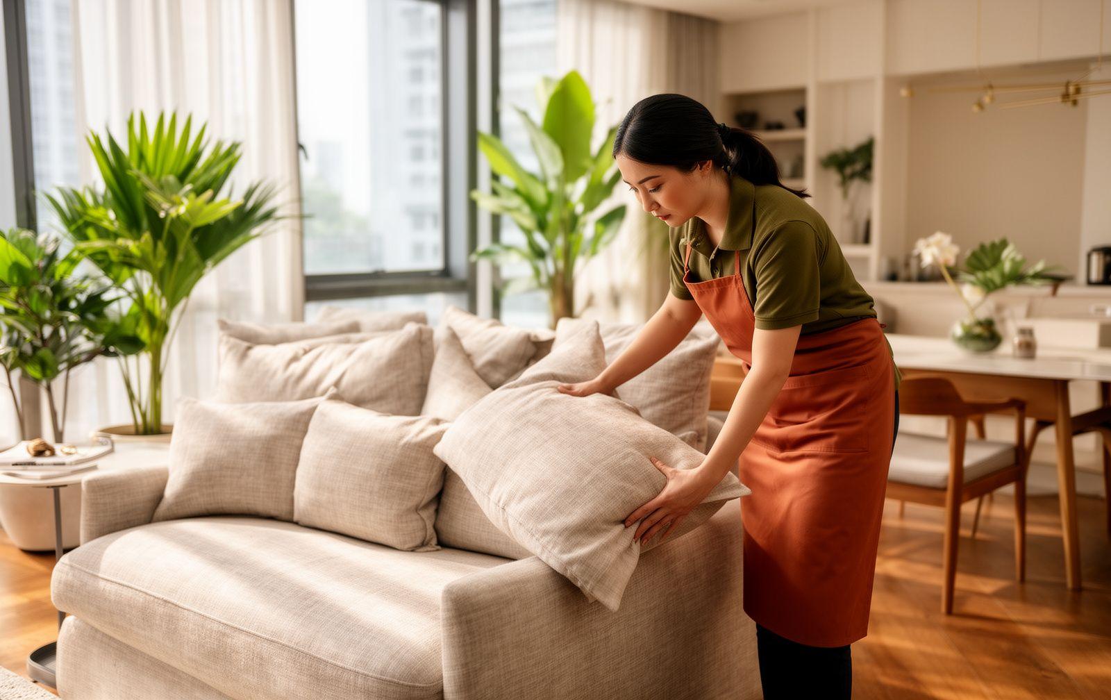 Brightforge cleaner tidying a bright modern Malaysian living room